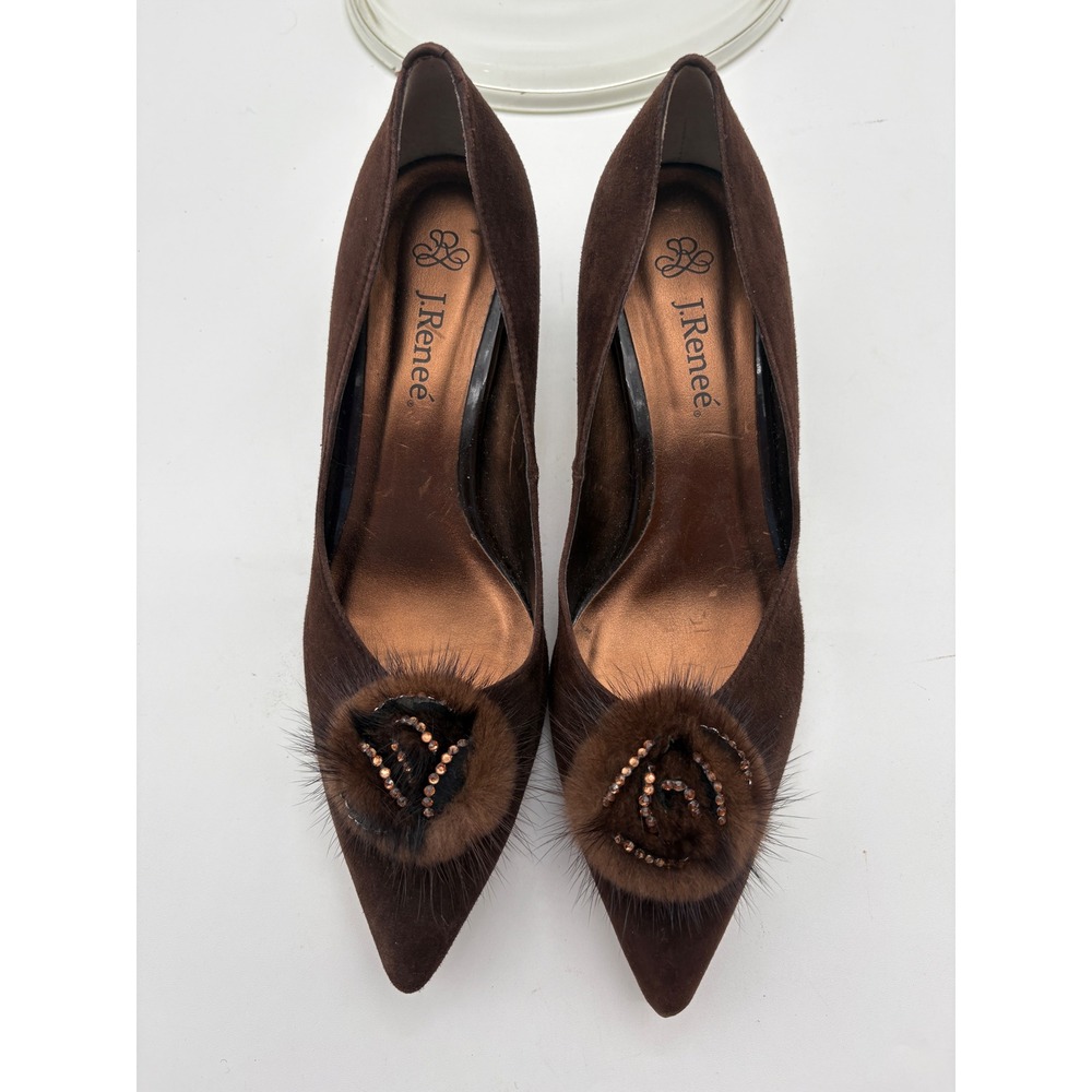 J. Renee Hana Brown Suede Kitten Heel Pumps Fur Pom Beaded Pointed Toe Size 8.5M - Picture 2 of 9